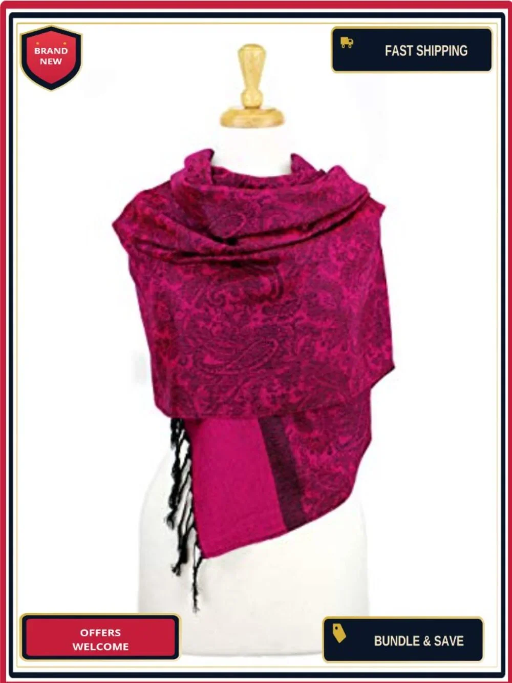 Paisley Jacquard Pashmina Shawl Wrap Scarf Stole - Viscose Acrylic, Lightweight
